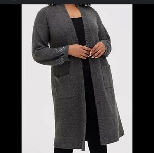 Torrid Size 6 (6X)Grey Long Duster Cardigan Sweater with Sequin Cuffs & Pockets